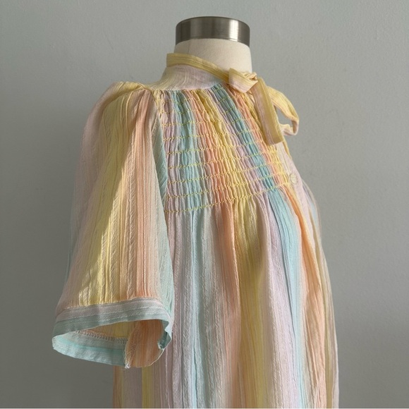 Rare Vintage Christian Dior Rainbow Striped Lounge Dress Tie Bow Neck XS-M - Picture 8 of 9